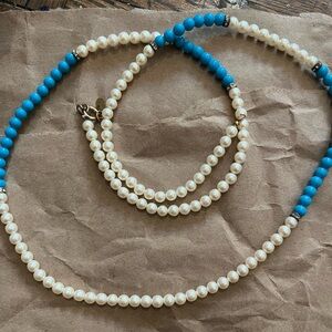 VINTAGE CADORO BEADED LONG STRAND OF PEARLS, white and blue, cadoro tag